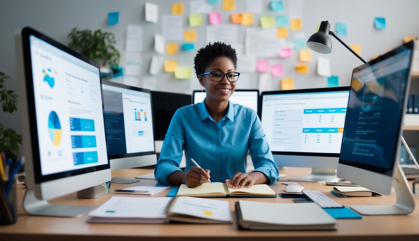 A person at a desk surrounded by computer screens, notebooks, and research materials, brainstorming and organizing keywords for an SEO strategy