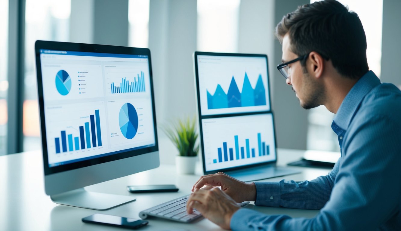 A person conducting keyword research on a computer, surrounded by charts and graphs, with a focus on search visibility and SEO strategy