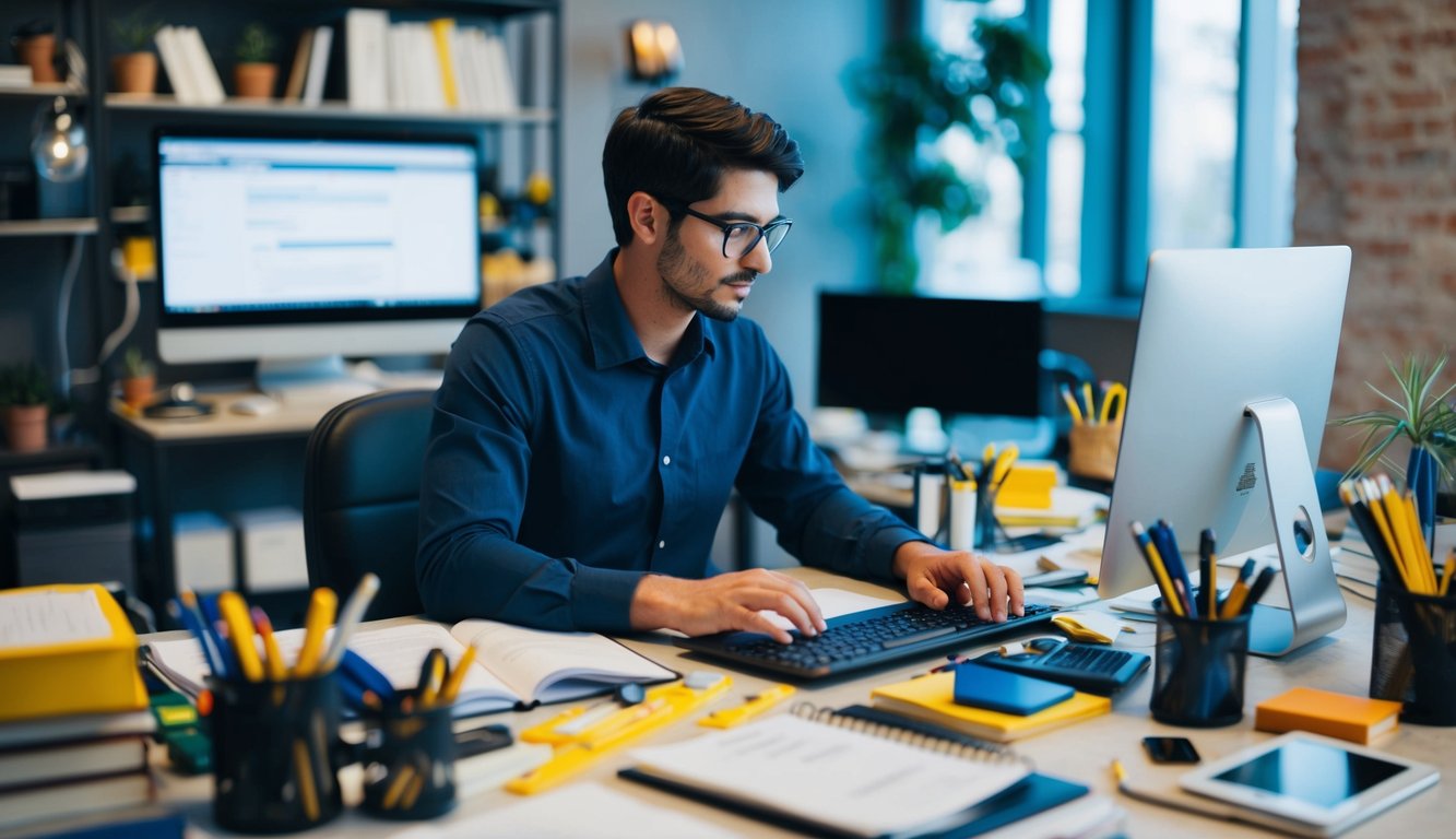 A person sitting at a desk surrounded by various tools, books, and computer screens, conducting keyword research for SEO strategy