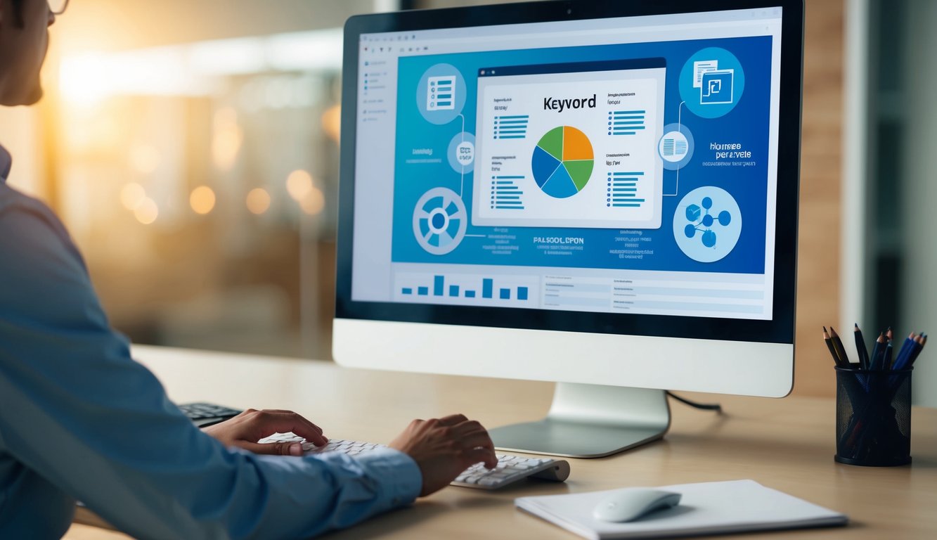 A person using a computer to analyze keyword data with various research tools displayed on the screen