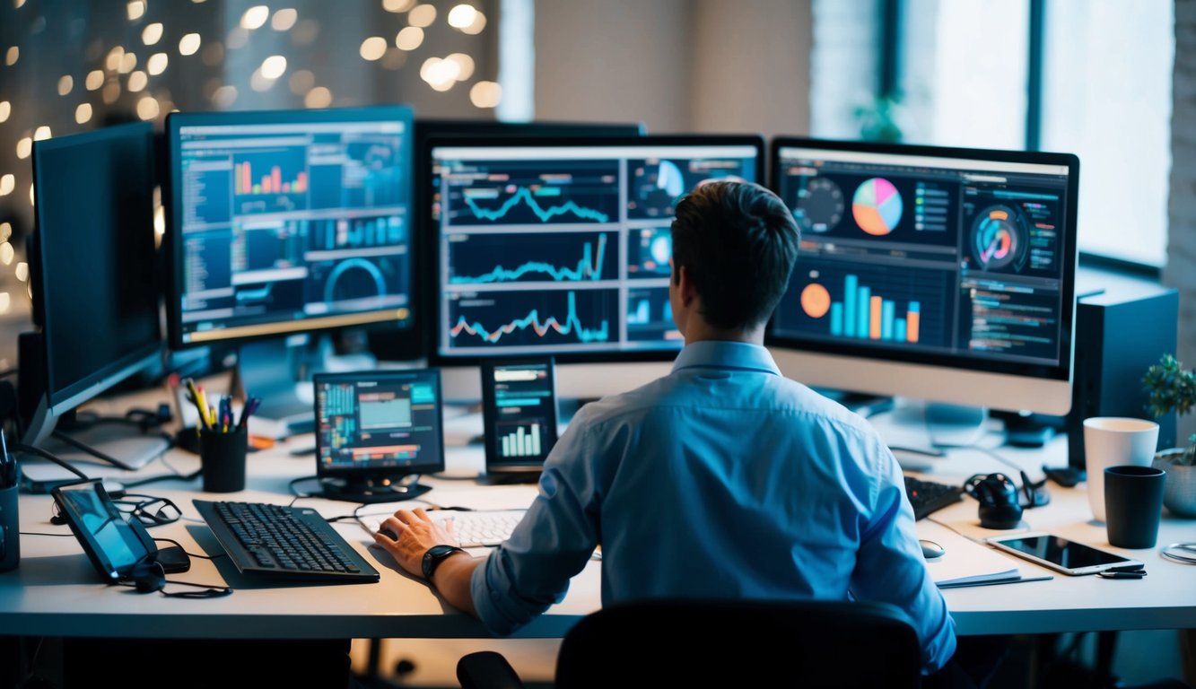 A desk cluttered with computer monitors, keyboards, and various technical SEO tools. A person sits in front, typing and analyzing data