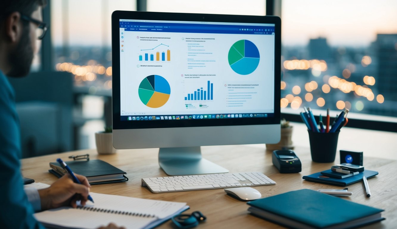 A desk with a computer, notebook, and various SEO tools spread out. A person is researching and taking notes