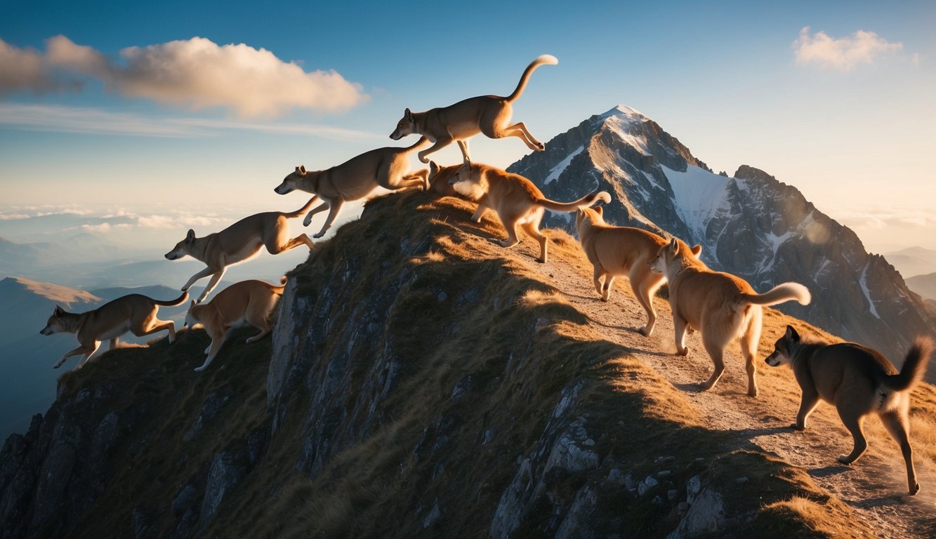 A group of animals racing to reach the top of a mountain, with some taking shortcuts and others following a longer but less competitive path