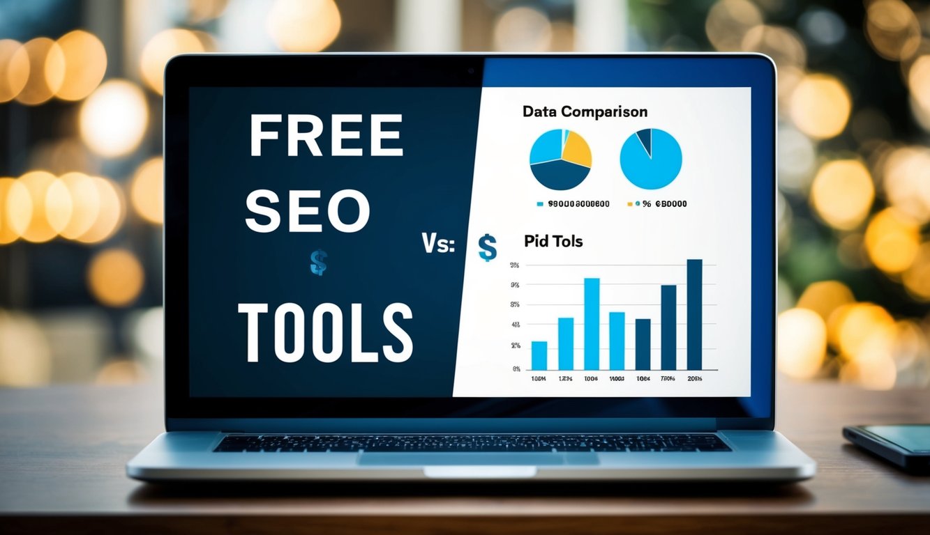 A laptop screen split in half, one side showing free SEO tools, the other paid options. Graphs and charts show data comparison
