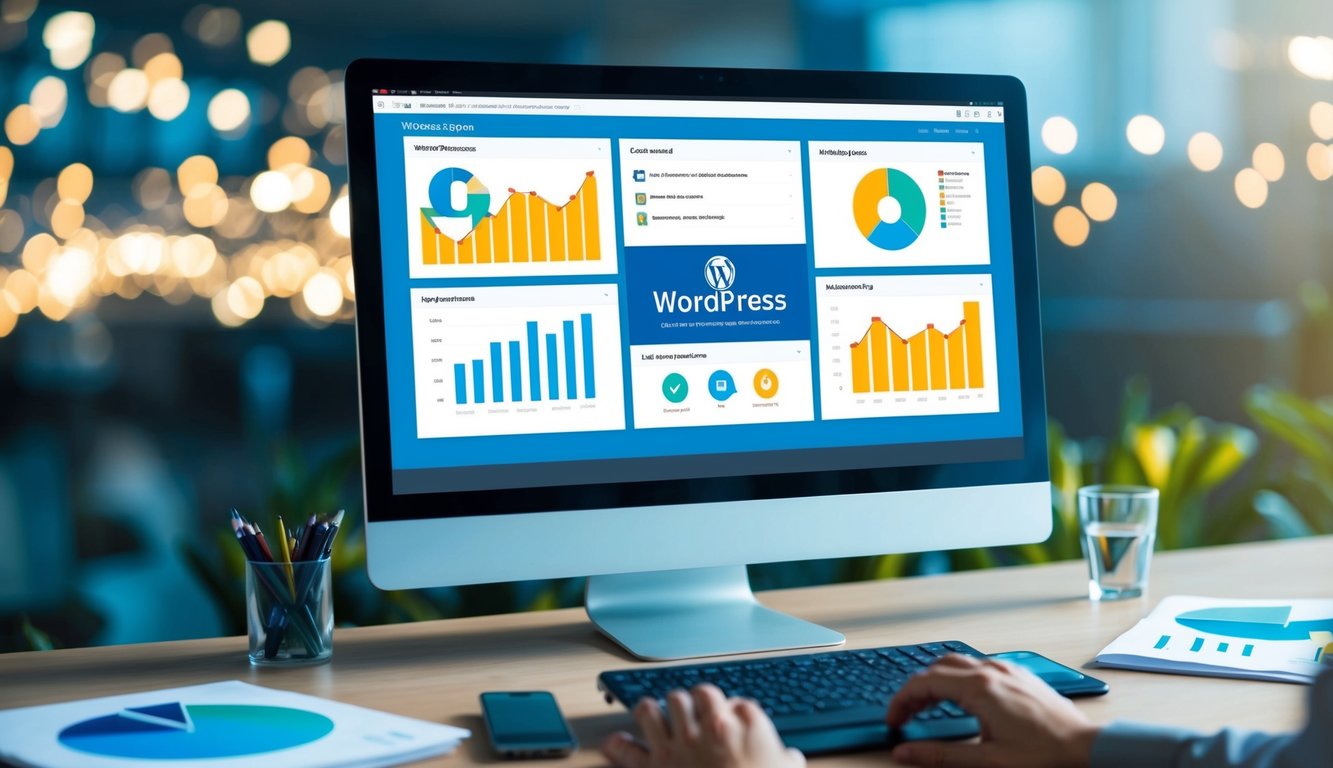 A computer screen displaying a WordPress dashboard with various SEO plugins highlighted, surrounded by charts and graphs showing improved website performance