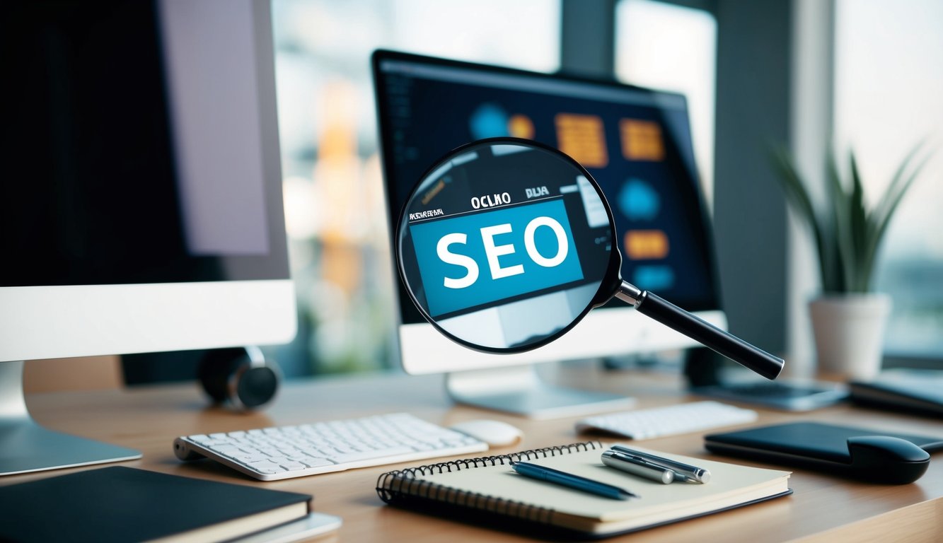 A desk with a computer, notebook, and various SEO tools scattered around. A magnifying glass hovers over the tools, emphasizing their importance