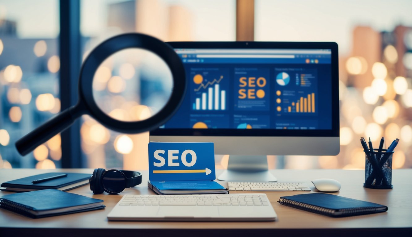 A desk with a computer, notebook, and various SEO tools spread out. A magnifying glass hovers over the tools, emphasizing their importance