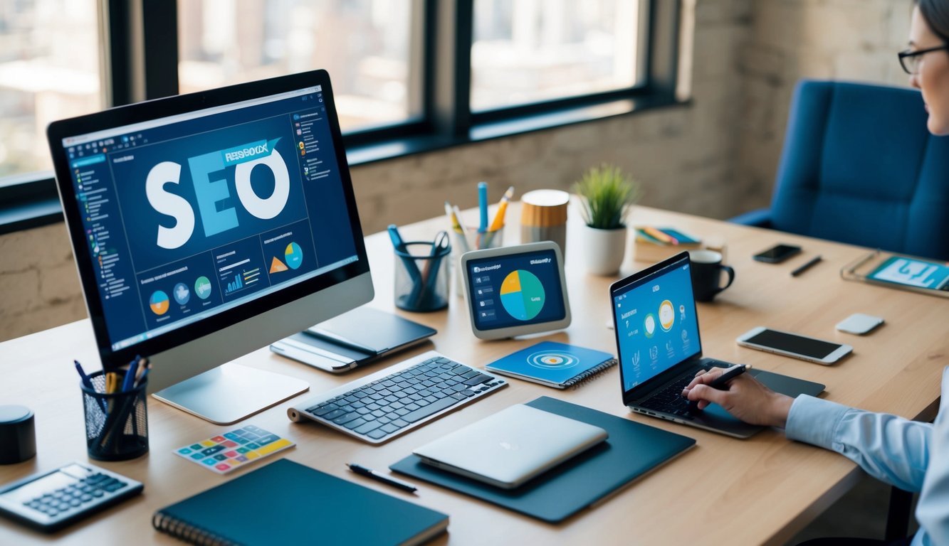 A desk with a computer, notebook, and pen surrounded by various SEO tools and resources, such as keyword research tools, analytics software, and local listing management platforms