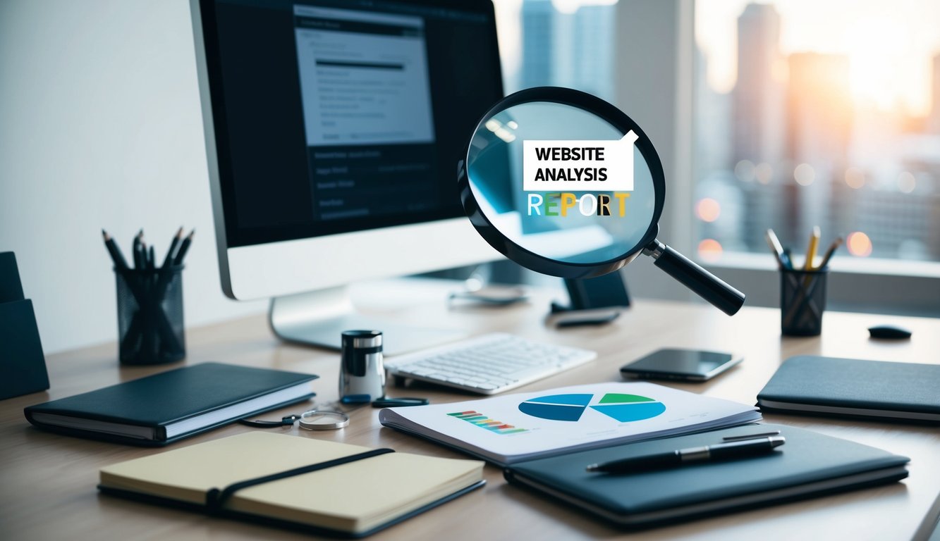 A desk with a computer, notebook, and various SEO tools scattered around. A magnifying glass hovers over a website analysis report