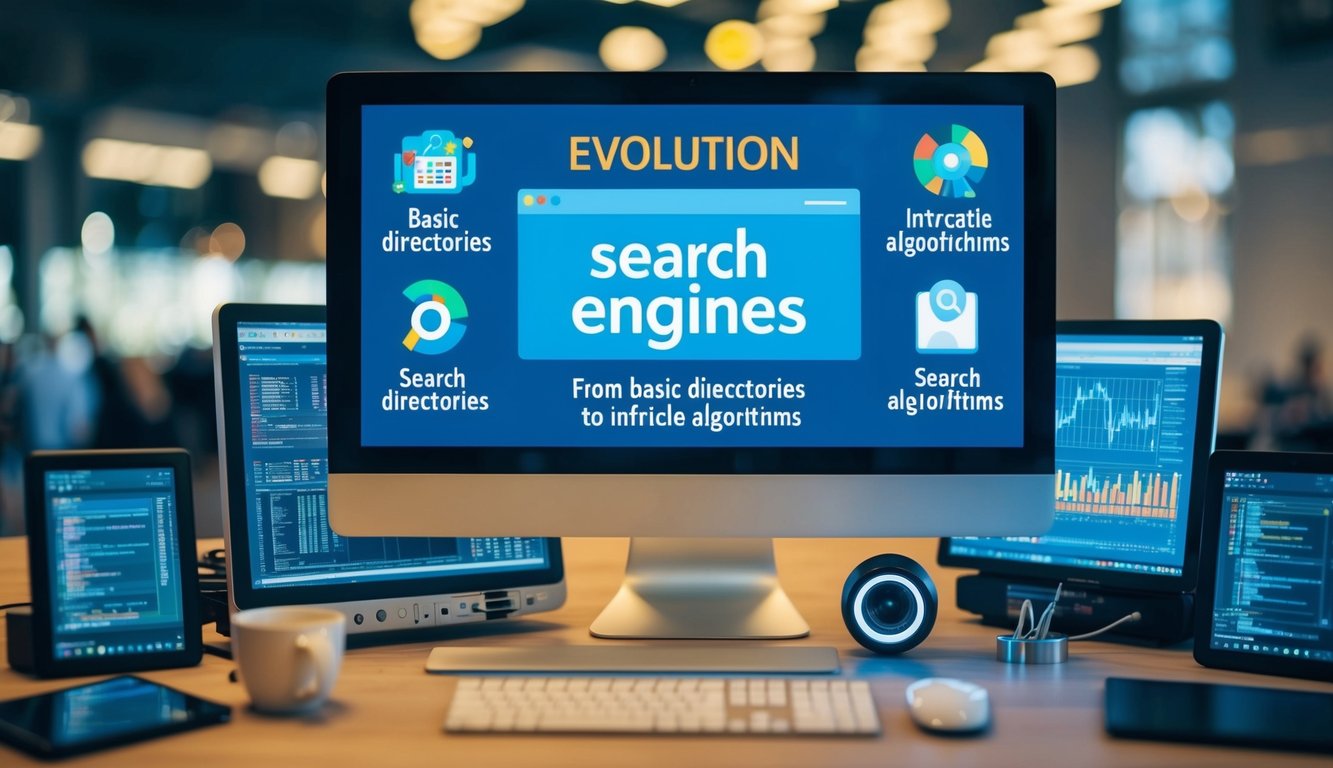A computer screen displaying the evolution of search engines, from basic directories to intricate algorithms, surrounded by various devices and technological components